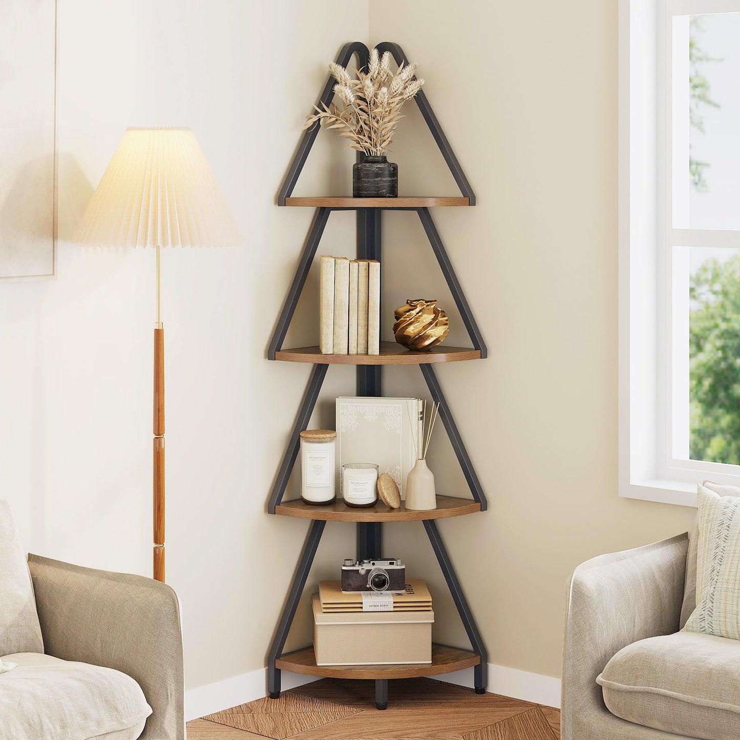 Espelism 4-Tier Corner Shelf Stand, 53.1” Tall Industrial Standing Display Shelf Storage Rack,Narrow Plant Stand,Tree Design Corner Bookshelf for Living Room, Bedroom, Office (Brown, 4-Tier)