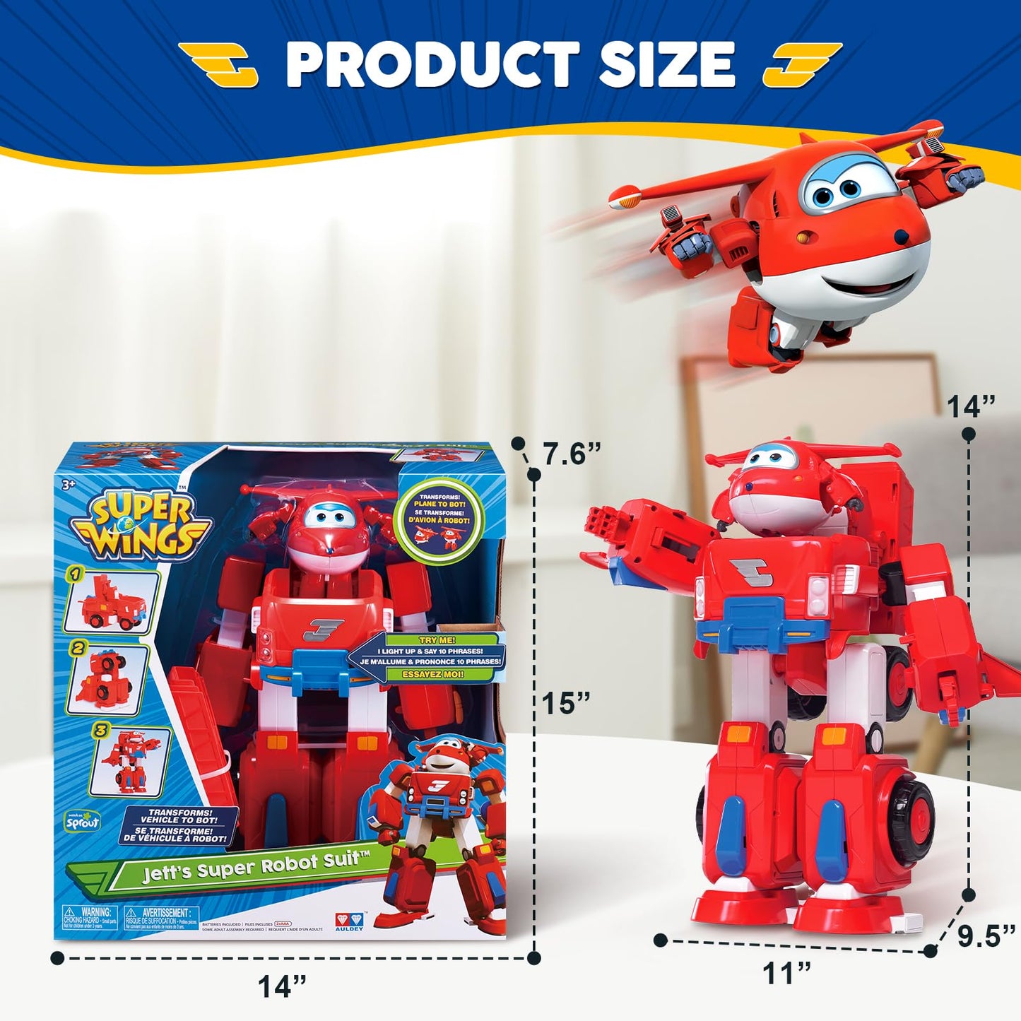 Super Wings 14" Transforming Jett's Super Robot Airplane | Action Figure | Ages 3-5 | Birthday Gift | Lights & Sounds