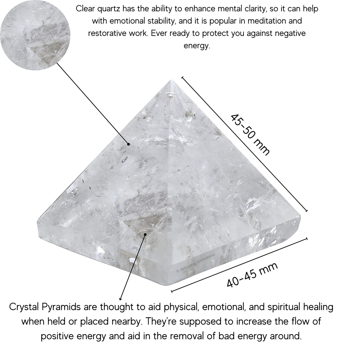 Amazing Gemstone Clear Quartz Pyramid Crystal Healing Stones - 2" Great Pyramid Figurine of Natural Stone Pyramid for Meditation, Reiki, Chakra Balancing and Crystal Pyramids Grid
