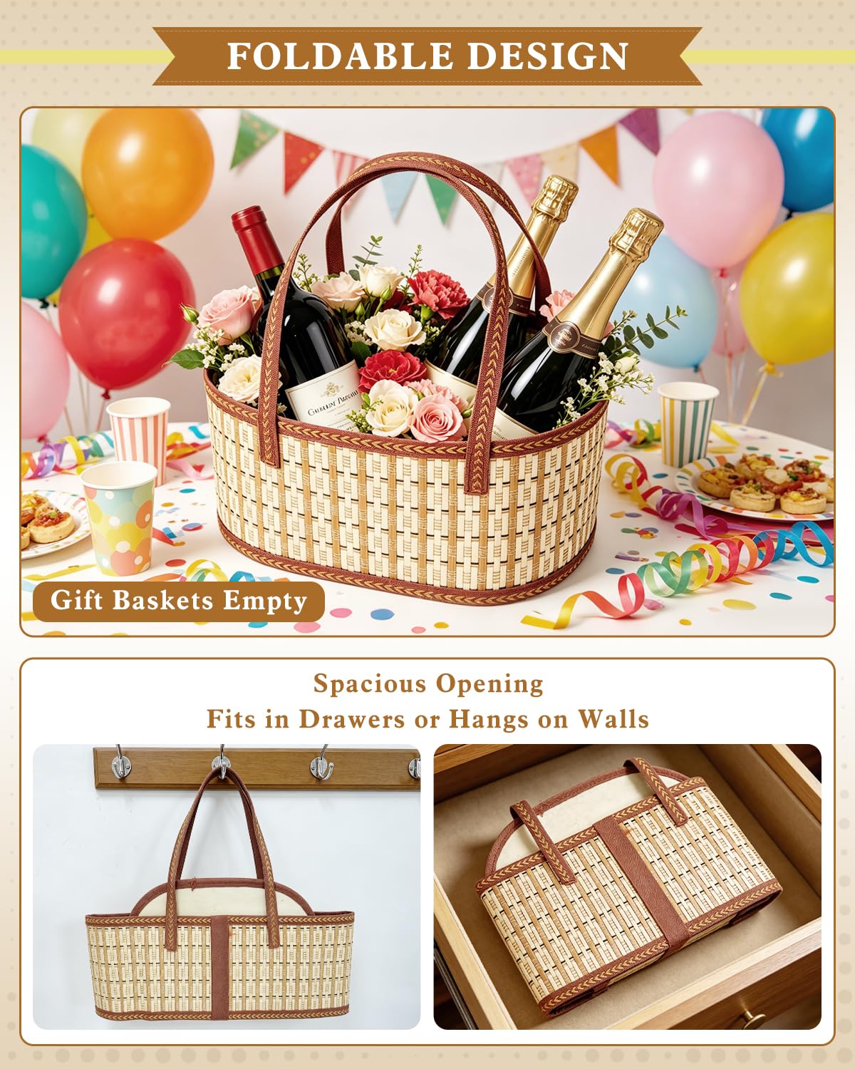 2 Set Baskets for Gifts Empty, Woven Bamboo Gift Basket Kit with Handles, Foldable Empty Gift Baskets to Fill with Wrap Bags, Pull Bows, Cards & Raffia for Baby Baptisms, Father's Day, Housewarming