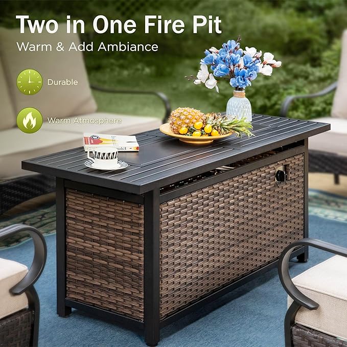 Patio Furniture Set with 56" Fire Pit Table, Premium Outdoor Wicker Metal Frame Furniture with Upgraded Waterproof Thick Cushions for Porch, Poolside, Deck, and Yard （4 Pieces,Blue）