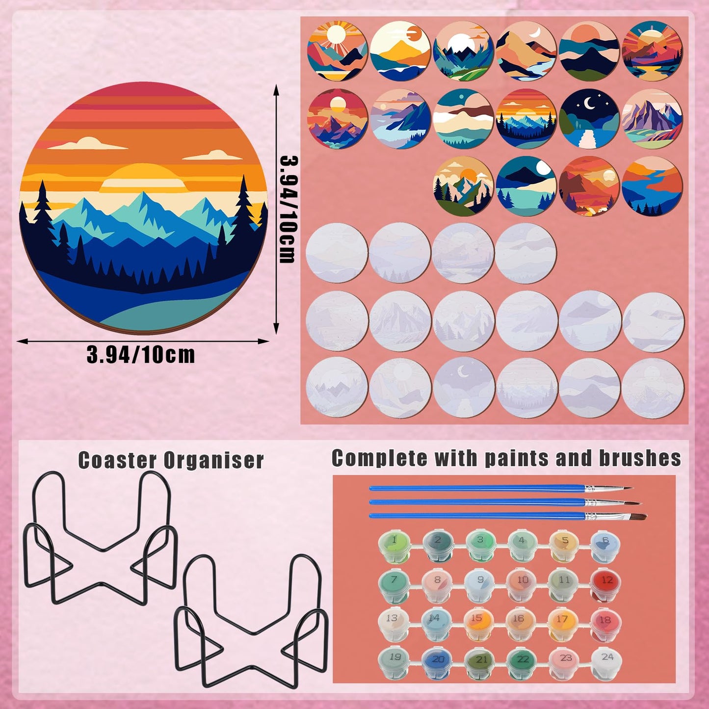 Reallnaive 8 Pcs Mountain Paint by Numbers Kit for Adults Cute Coasters with Holder Mini Paint by Numbers Kits Round Oil Painting Drink Coaster for Small DIY Craft Birthday Gift