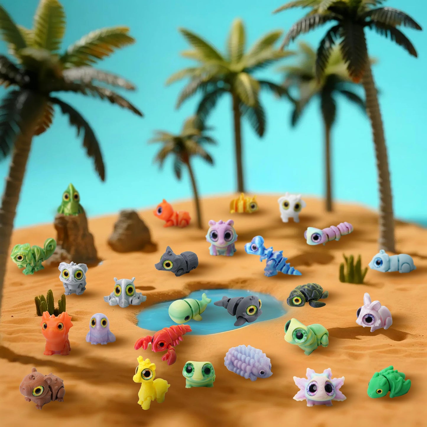 Laehovr 25PC Mini 3D Printed Animals Set with Shining Eyes - Articulated Desk Pets Collection, Mini Animals Figures for Classroom Rewards Bulk, Pocket Pets Fidget Toys Gift