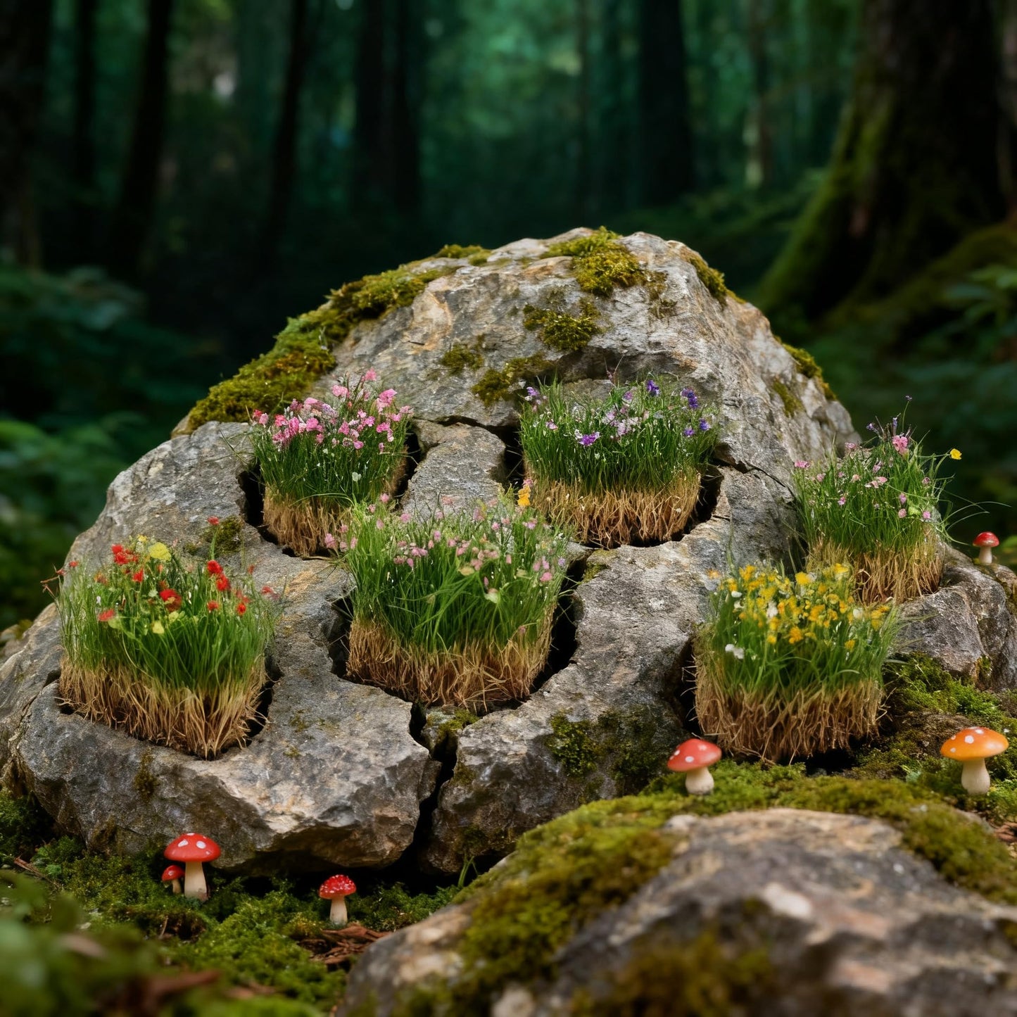 BraneGo Miniature Grass Tufts with Flowers, 4-Color Hand Torn Flower Clusters for Diorama, Model Train Scenery N & HO Scale, Wargaming Bases and Architectural Landscaping