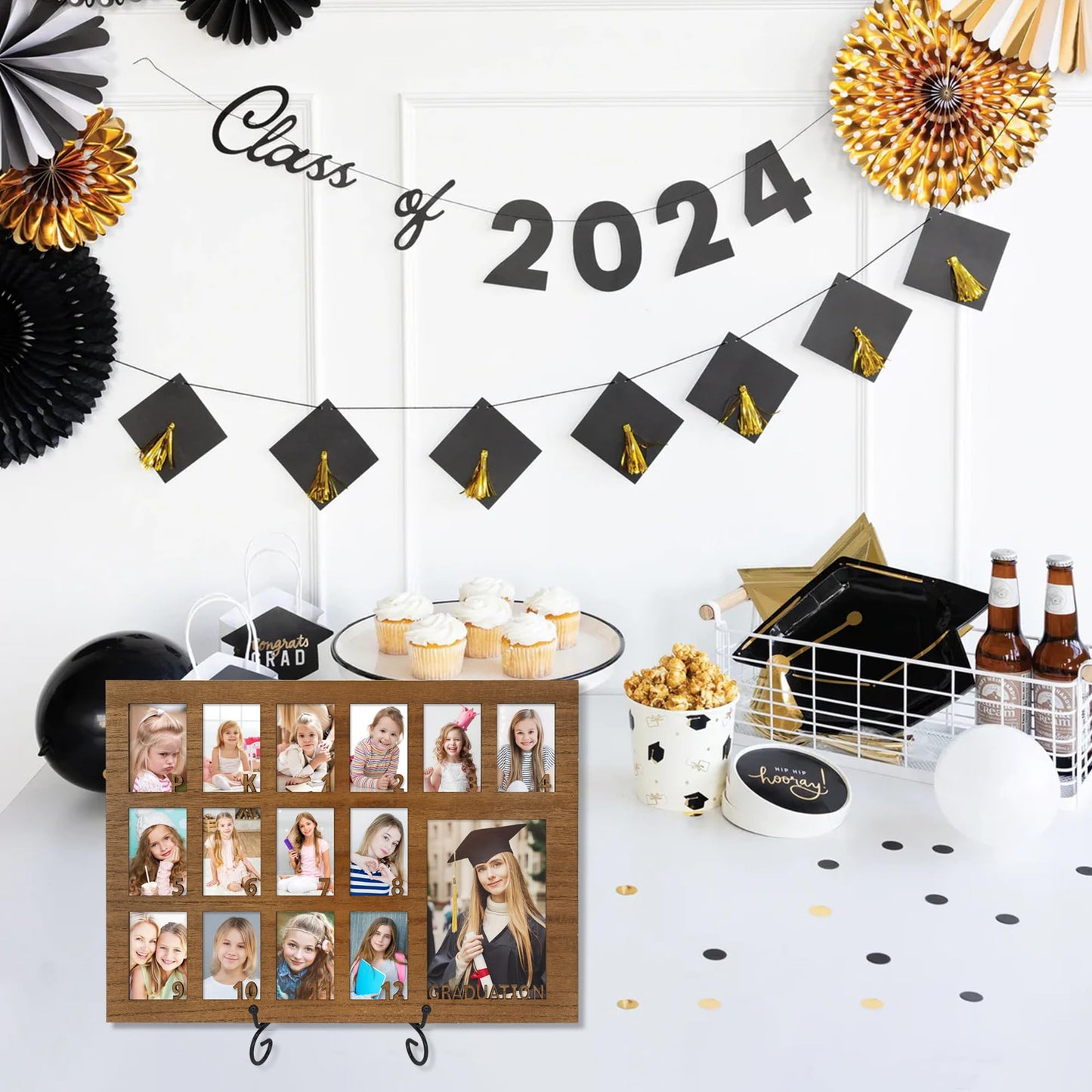 FramePro School Years Picture Frame Pre K to 12 Wooden Graduation Gift Collage Frame with Stand Easel, Displays One 4x6 and Twelve 2x3 Wallet Photos