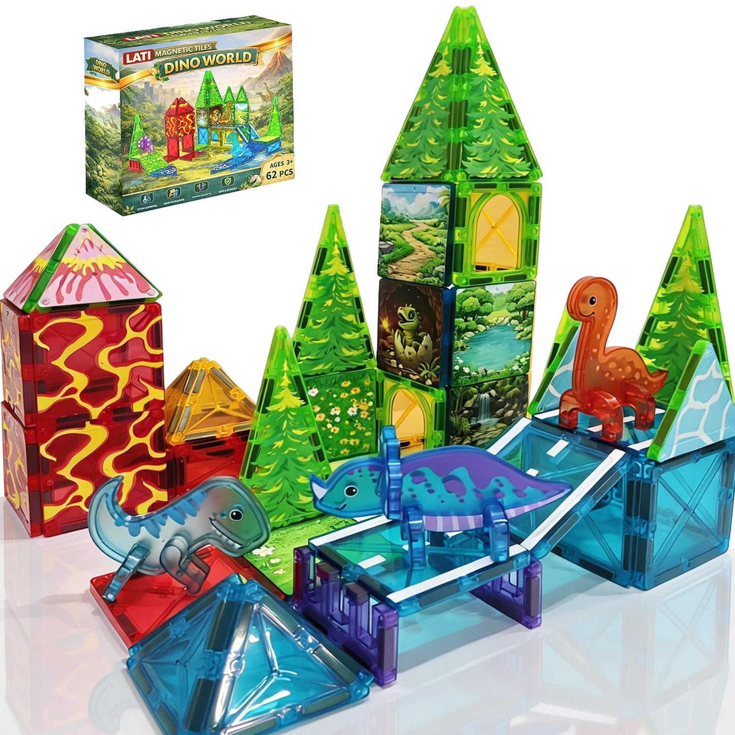LATI Magnetic Tiles Dinosaur Building Set, Dino World Magnet Blocks with Double-Sided Egg Hatch Story, STEM Construction Toy for Kids Ages 3+, Educational Gift for Boys & Girls