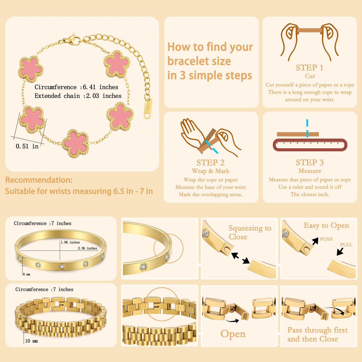 YOQ Stackable Four Leaf Clover Bracelets for Women, 18K Gold Plated Love Bangle Bracelets Set, 3 Pcs Charm Jewelry Gifts (Pink)