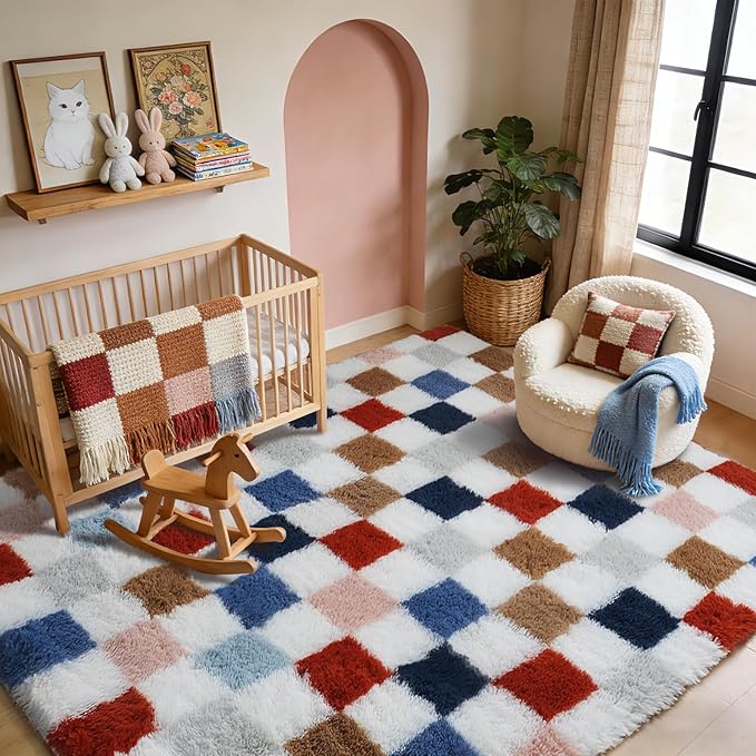 Shag Area Rug for Bedroom Living Room,5x8 Fluffy Soft Colorful Checkered Rug Fuzzy Shaggy Bedroom Carpet,Indoor Plush Floor Rugs for Kids Boys Girls Teen Dorm Nursery Home Decor