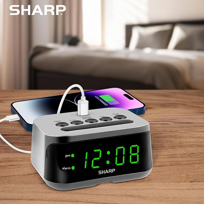 Sharp Digital Alarm Clock with Super Fast USB-C Charge Port & Green LED Display