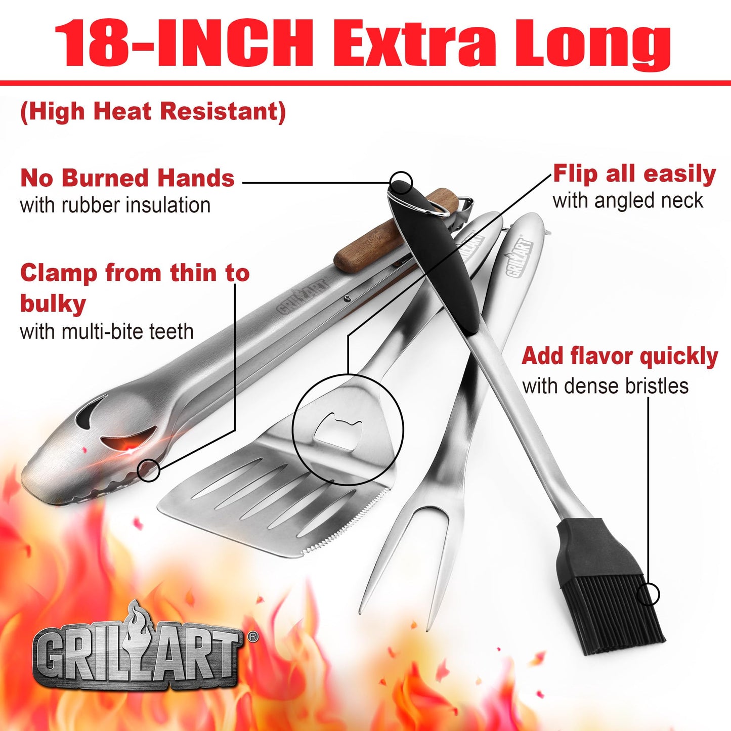 GRILLART BBQ Tools Grill Tools Set -18Inch Grilling Tools BBQ Set - Grill Accessories w/BBQ Tongs, Spatula, Fork, Brush- Stainless Grill Kit Grilling Set - Gift Ideas BBQ Accessories Gifts for Men Dad