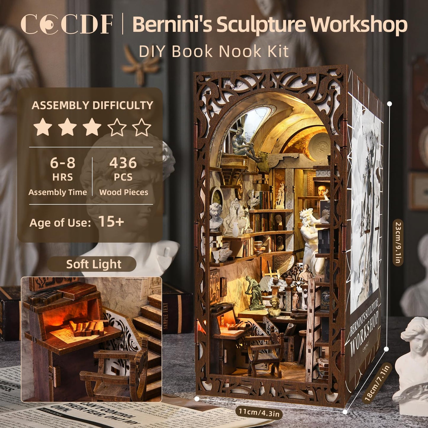 CCCDF DIY Book Nook Kit, 3D Wooden Puzzle for Adults, Teens, DIY Miniature Dollhouse Booknook Kit Bookend Bookshelf Insert Decor with LED Light (Bernini's Sculpture Workshop)