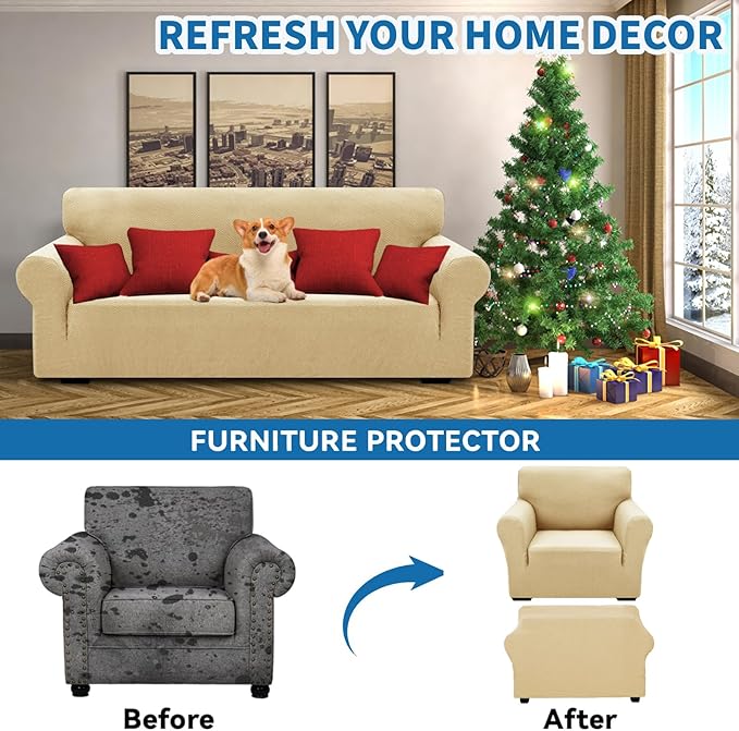 XINEAGE 2026 New Stretch Armchair Covers 1 Piece Chair Slipcovers Chair Protector for Living Room Thick Soft Chair Cover with Elastic Bottom Couch Cover for Pets Kids (31"-46", Beige)