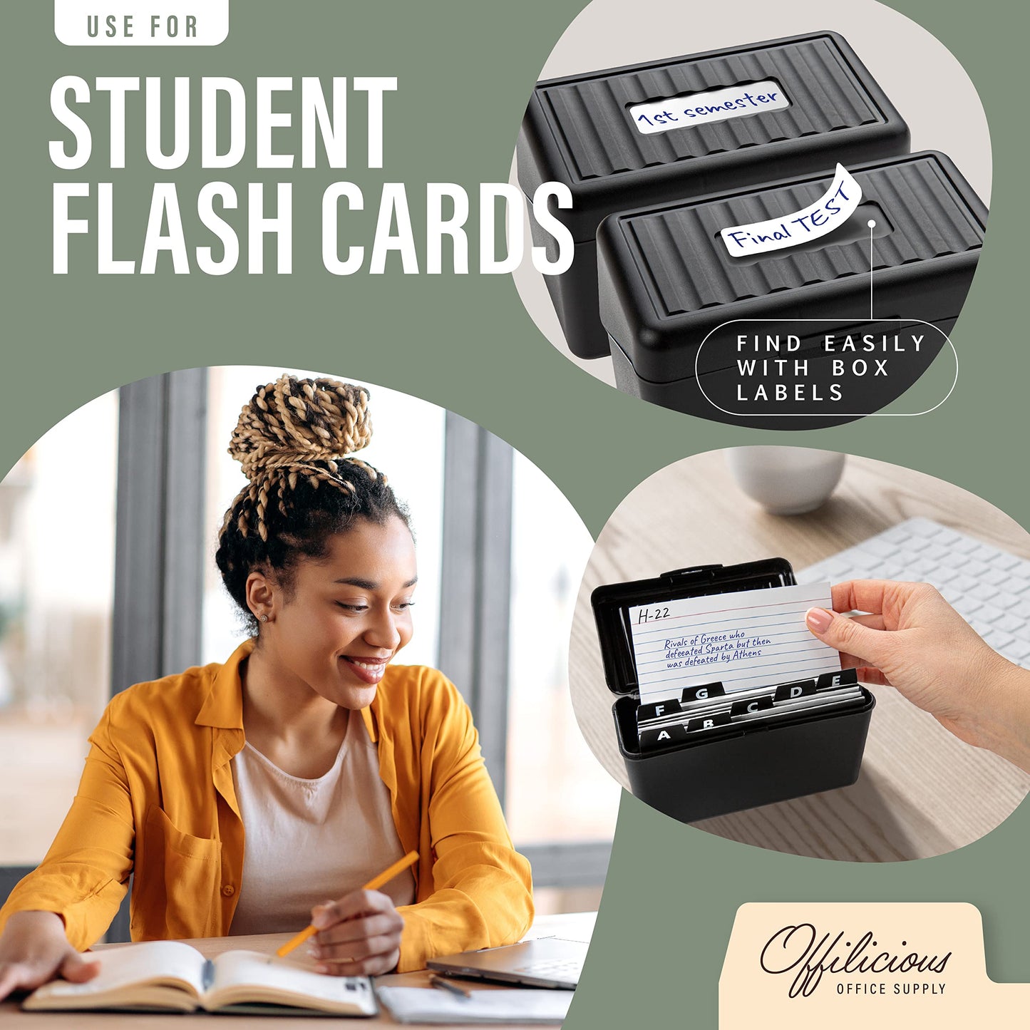 OFFILICIOUS Black Index Card Holder 4x6 - Index Card Box With Index Dividers, Ruled Cards & Stickers - Recipe & Flash Card Holder Box Organizer