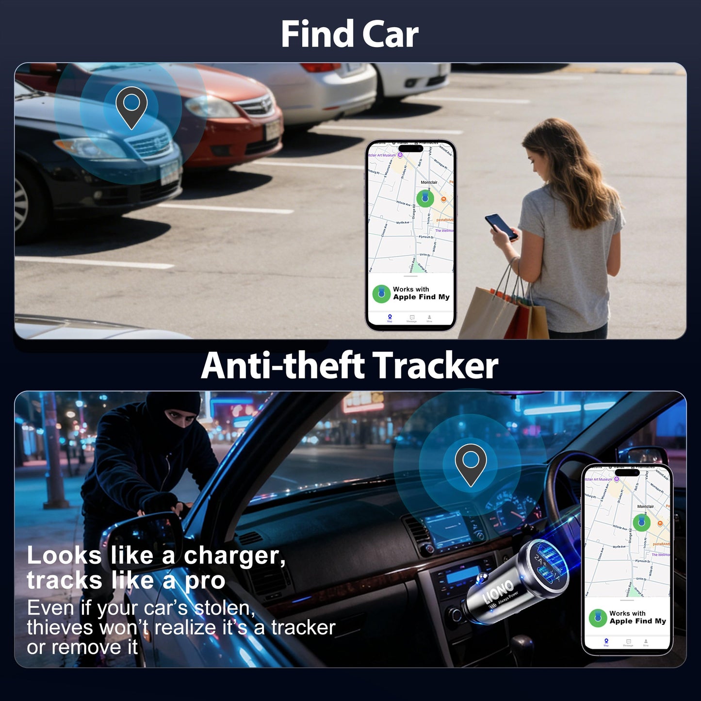 LIONO Car GPS Tracker & Charger with Built-in Rechargeable Battery, GPS Tracker for Vehicles, Hidden Car Tracker for Anti-Theft & Parking Location, for Family& Fleets, No Monthly Fee, No SIM, iOS Only