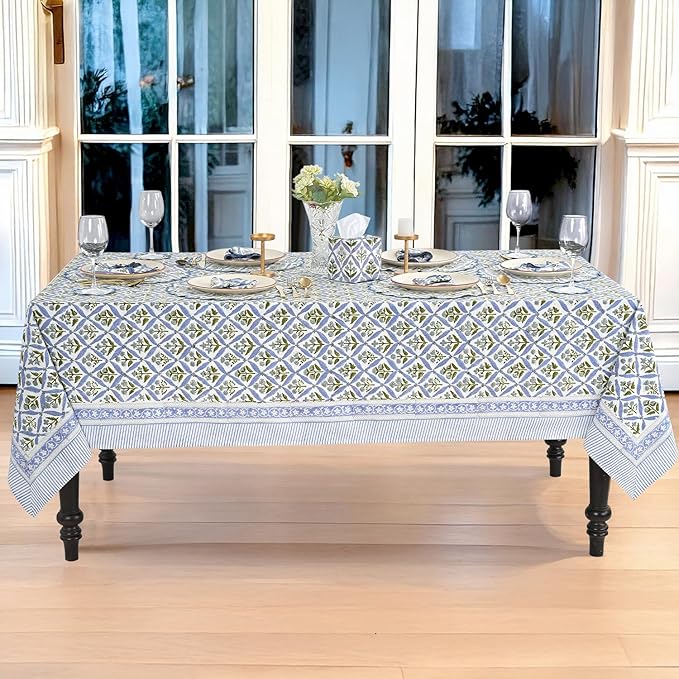 Ridhi Hand Block Print Light Steel Blue Rectangle Cotton Tablecloth 118" x 70" Reusable Table Cover Decorative Everyday Use for Dining, Farmhouse, Home Gift for Spring, Easter, Valentine