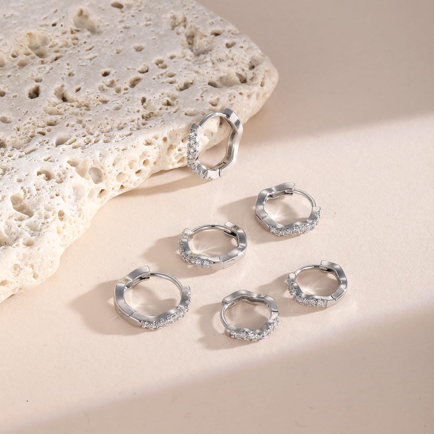 CAROVO 3 Pairs Silver Hoop Earrings for Women Trendy Dainty 14K Gold Plated Cubic Zirconia Wave Huggie Hoop Earrings Stack for Multiple Piercing Jewelry