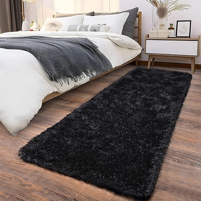 Fluffy Shag Runner Rugs for Bedroom Hallways, 2x8 Black Long Soft Throw Area Rug Non Slip for Bedside Dorm, Shaggy Furry Carpet for Nursery Living Room Home Decor