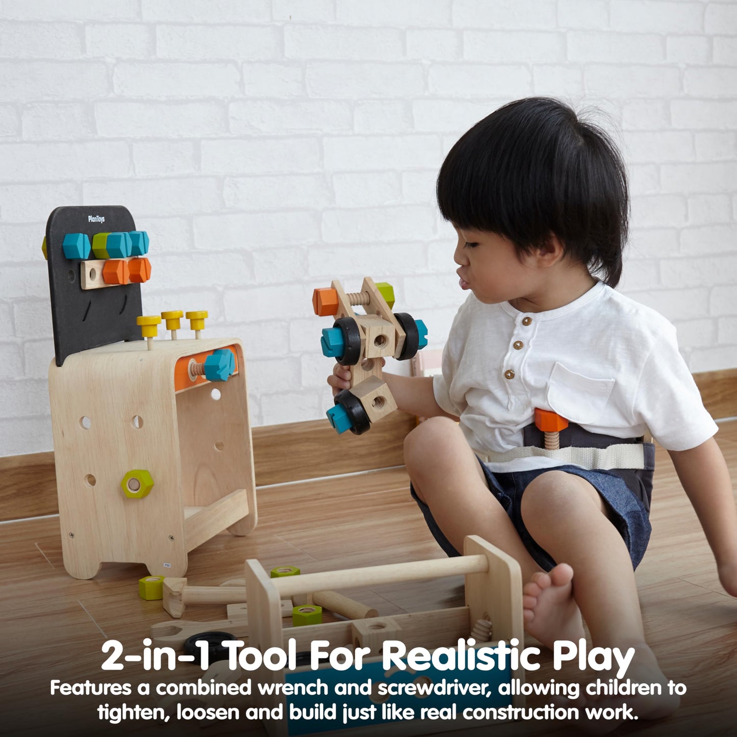 PlanToys® Construction Set Wooden Montessori Building and Engineering Toy | Fine Motor, Creativity and Early STEM Skill Development | Eco Friendly Educational Open Ended Play Kit