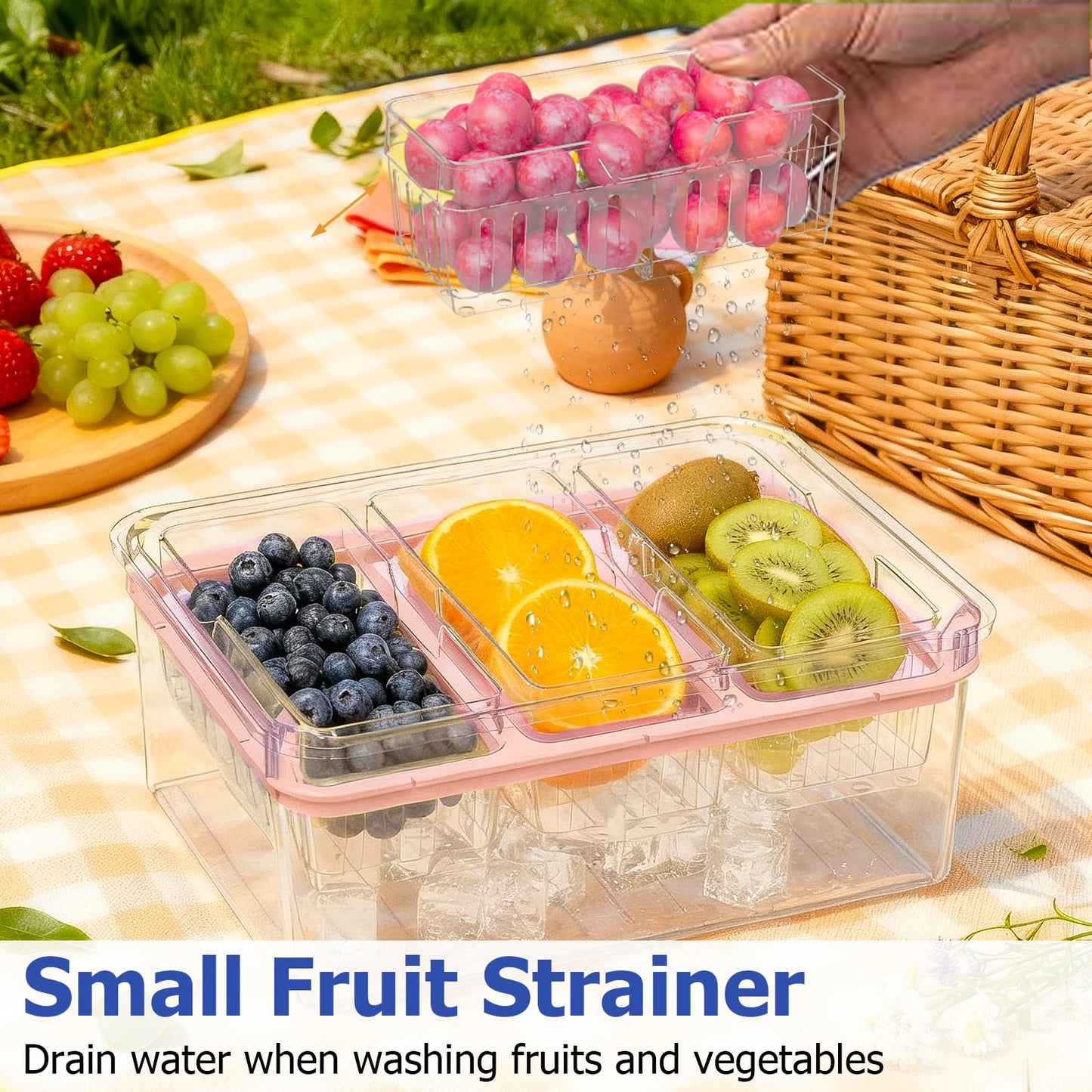 Sorgion Ice Chilled Condiment Caddy with Portable Handle, 5 Compartment Serving Tray with Built-in Bread Slicer and Ice Chamber, Clear Garnish Tray for Bar, Taco Party, BBQ, Picnic & Fruit Pink