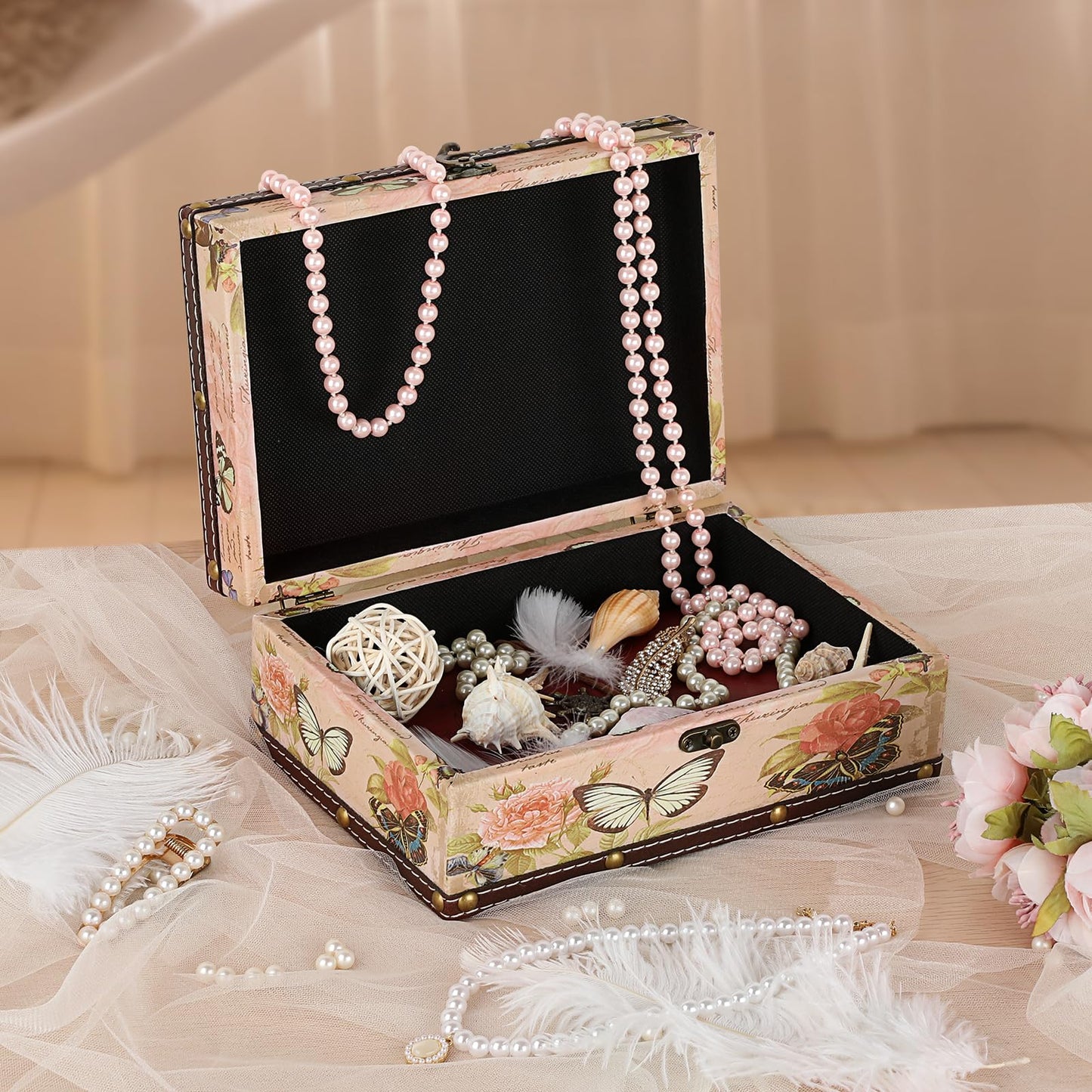ELLDOO Butterfly Treasure Chest Box, Wooden + PU Leather Storage Decorative Box for Jewelry Trinkets Photos, Rectangular Keepsakes Box for Girls Women Gifts