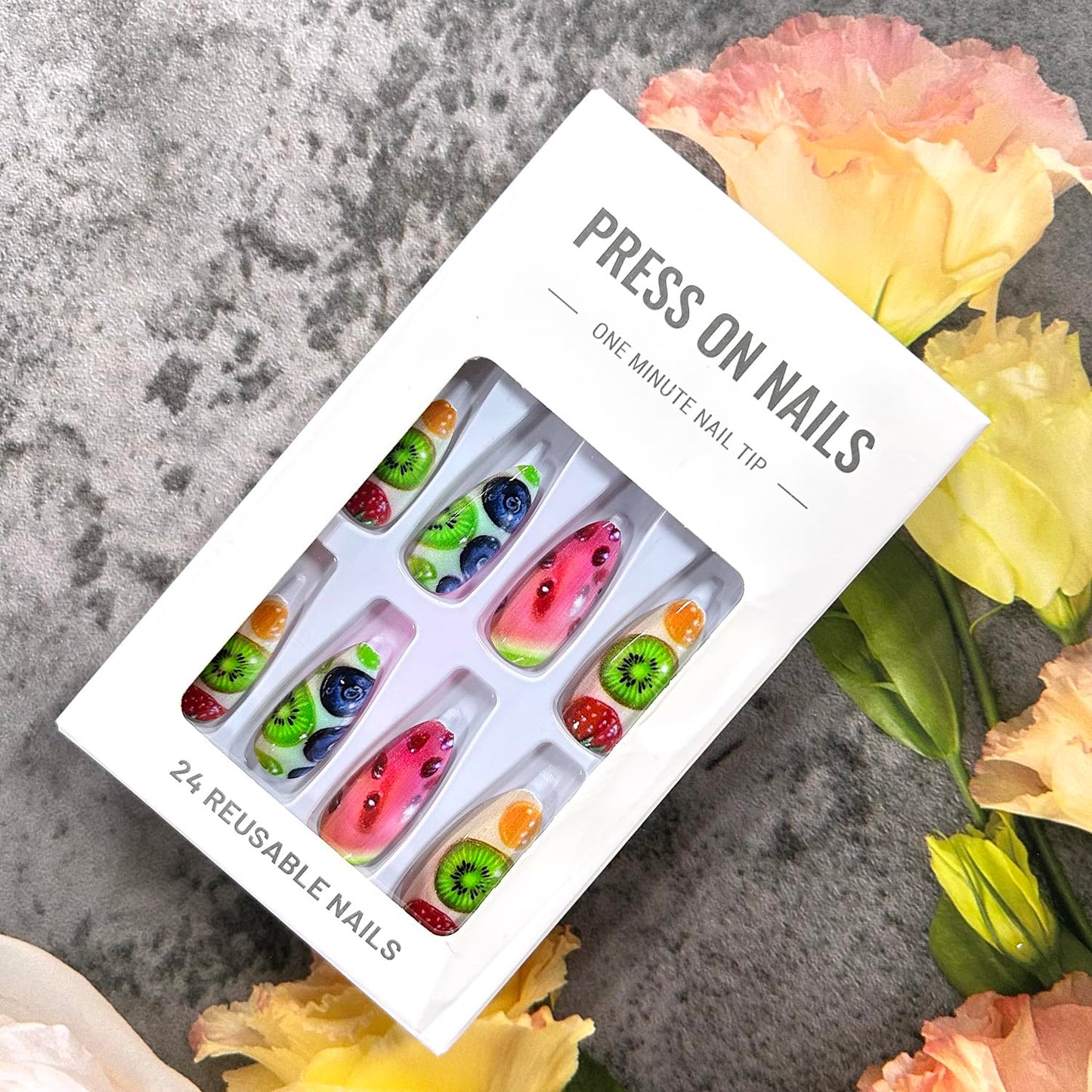 Fruit Press on Nails Medium Almond Shaped Watermelon Strawberry and Kiwi Blueberry Pattern Design Summer Acrylic Fake Nail Full Cover Glossy Artificial Fingernails Handmade Glue on Nails for Women
