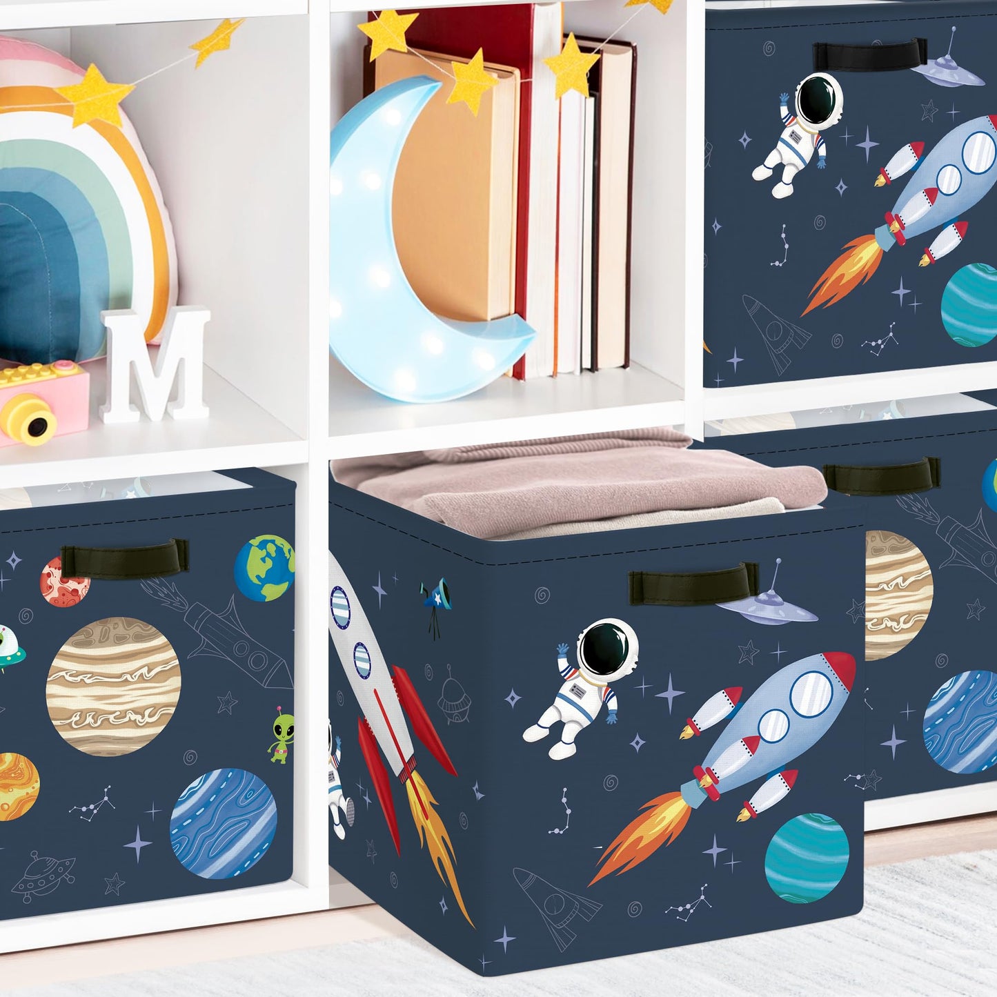 Clastyle 3 pcs Cosmic Space Cube Storage Unit Boxes Stars Kallax Box for Shelves Parents Storage Baskets for Book Clothes Toy Organizer, Rocket, 11.8x11.8x11.8 in