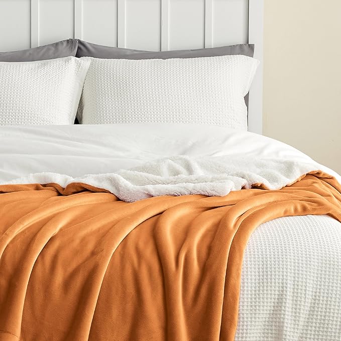 Bedsure GentleSoft Sherpa Fleece Blankets Queen Size for Bed - Thick and Warm, Soft Fuzzy Plush Queen Blanket for Winter, Orange, 90x90 Inches