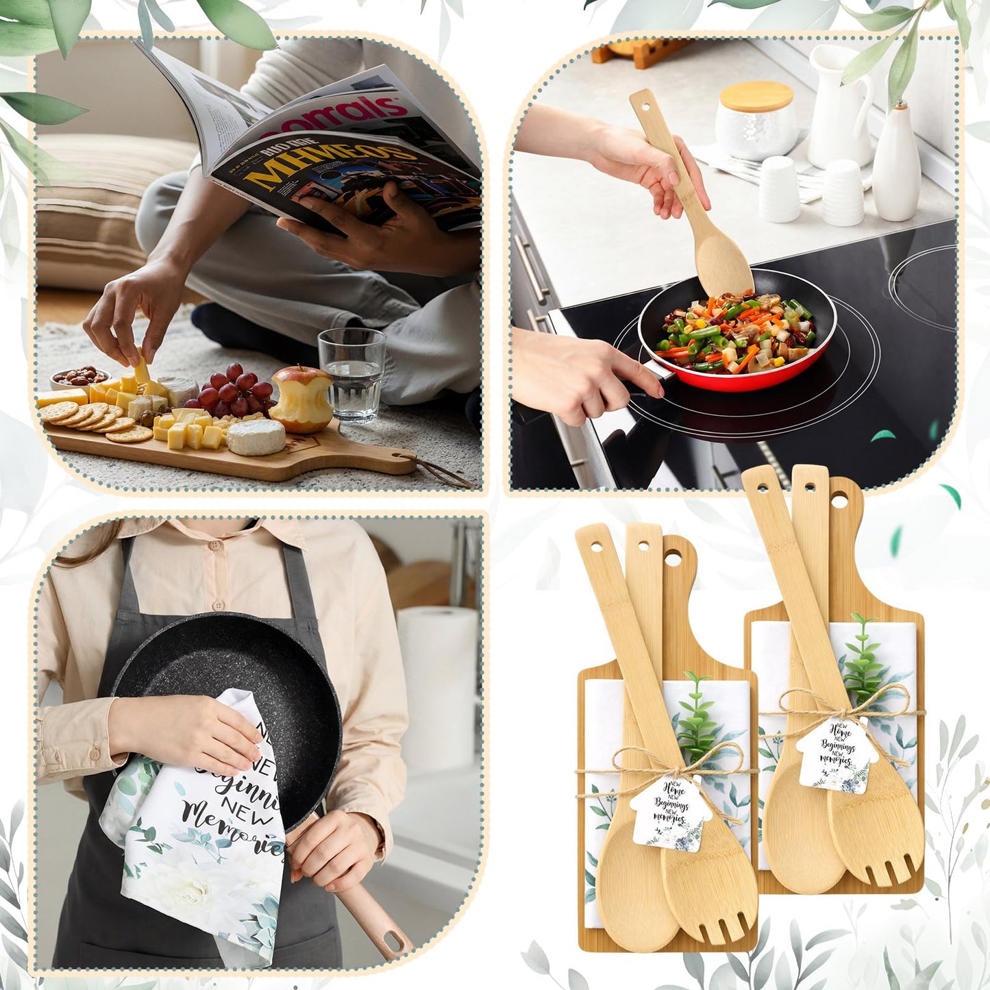 Geelin 31 Pcs/5 Sets Housewarming Gifts Engraved Cutting Board New Home Beginning Memories Kitchen Towels Cards Bamboo Spoons House Warming Gift Set for Homeowner Neighbor Couple Apartment Kitchen