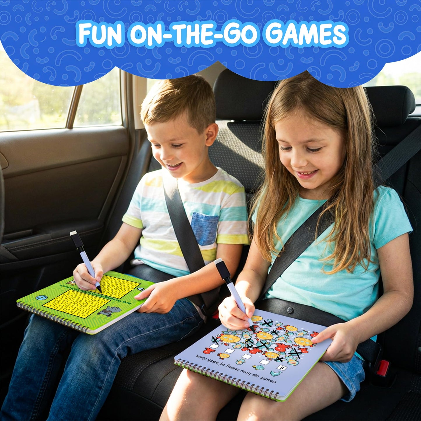 Travel Reusable Activity Books- 2 Pack - Travel Games for Kids, Roads Trip Car Games & Activities Must Haves Essentials, Airplane Activities for Kids, Includes 20+ Learning Games in Each Book
