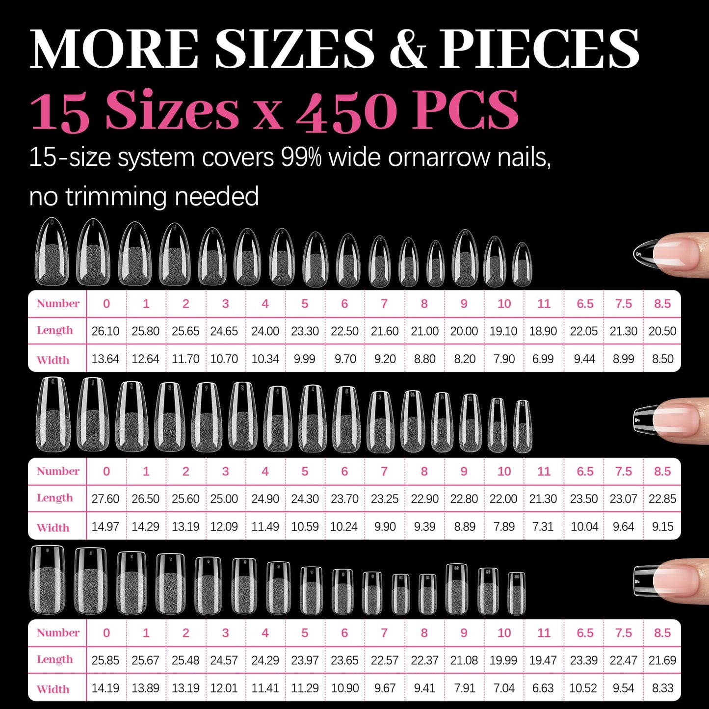 QIEK 450PCS Medium Almond & Coffin & Square - 3 Styles Nail Tips, 70-Grit Pre-Etched Press On Nail in 15 Sizes, Fake Nail Extension Kit for Acrylic Gel Nail Art DIY Salon