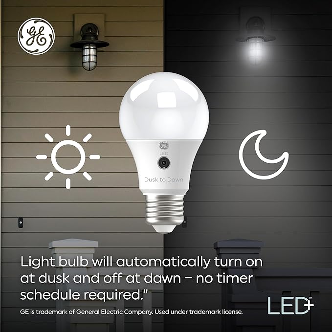 GE LED+ Dusk to Dawn A19 LED Light Bulbs, Automatic On/Off Outdoor Light, 8.5W, Soft White (3 Pack)