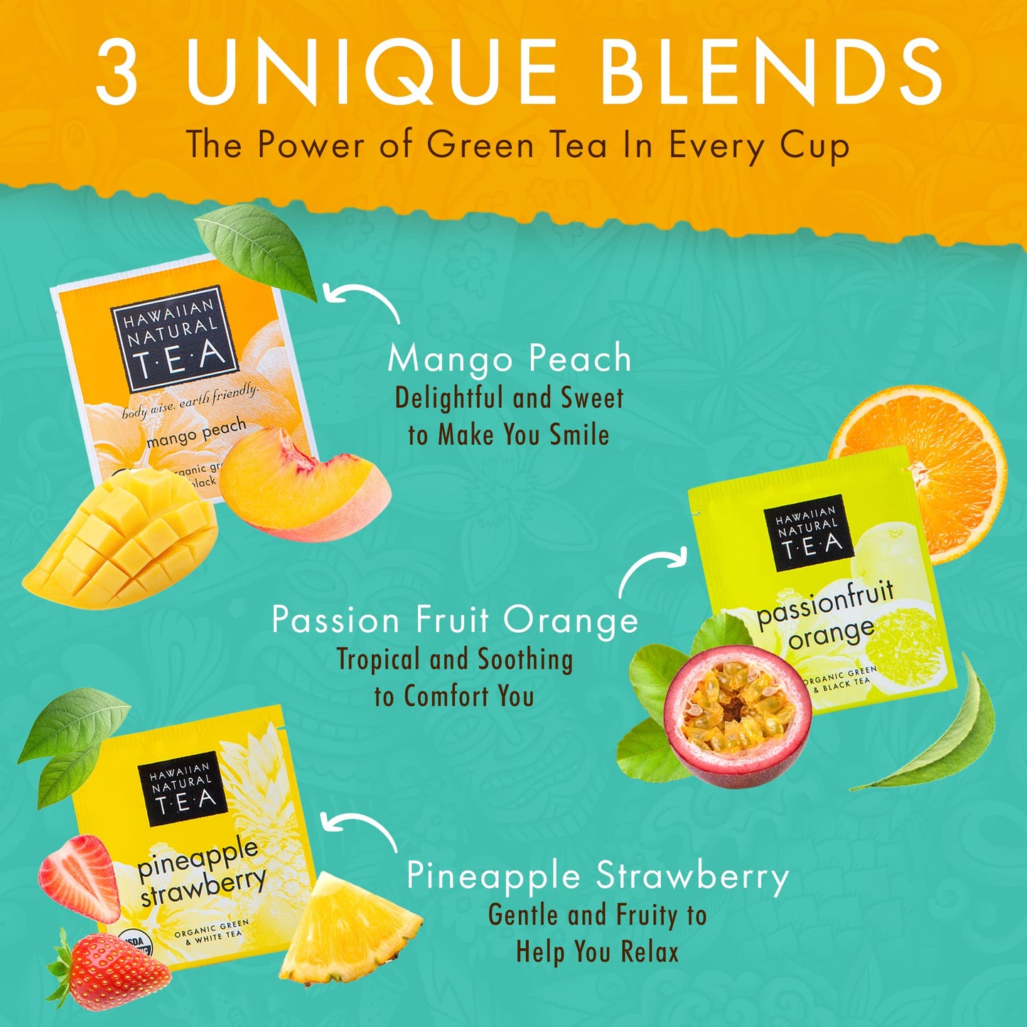 Hawaiian Natural Organic Tropical Fruit Tea Sampler - Green, Black, White Tropical Fruit Tea Blends, Gift Box Set For Special Occasions - 24 Bags