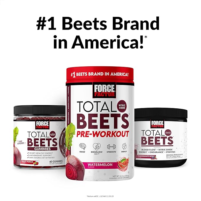 FORCE FACTOR Total Beets Pre-Workout Powder to Boost Energy & Endurance, Increase Strength, and Improve Blood Flow and Pumps, Nitric Oxide Supplement with Beet Root Powder, Watermelon, 30 Servings