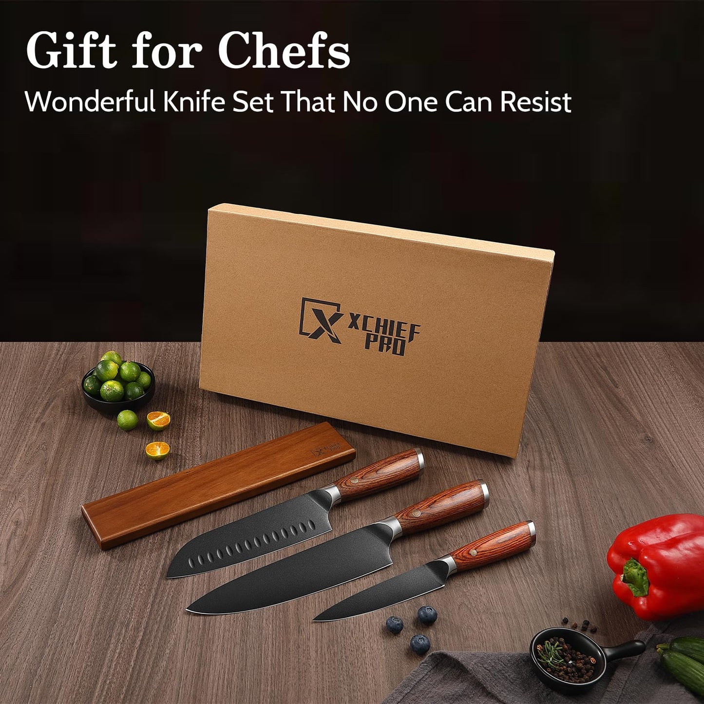XCHIEF PRO Kitchen Knife Set, 4 Pieces Japanese High Carbon Stainless Steel Chef Cooking Knife Set, Ultra Sharp Professional Chef Santoku Utility Knives (Black)