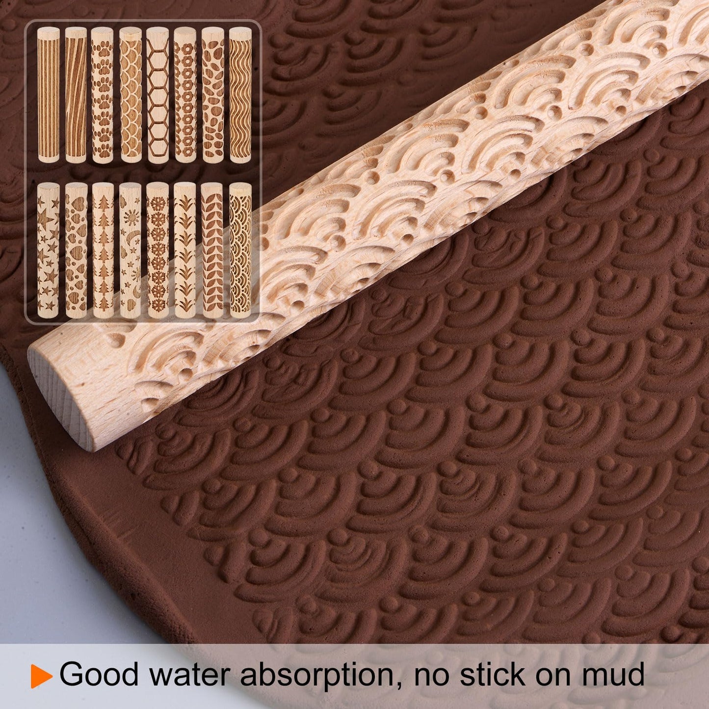 HARFINGTON 5pcs Wood Clay Roller 4" Star Pattern Rolling Pins Wood Rollers Pottery Tools Wood Grain Texture Rollers for Clay Baking Dough Playdough DIY