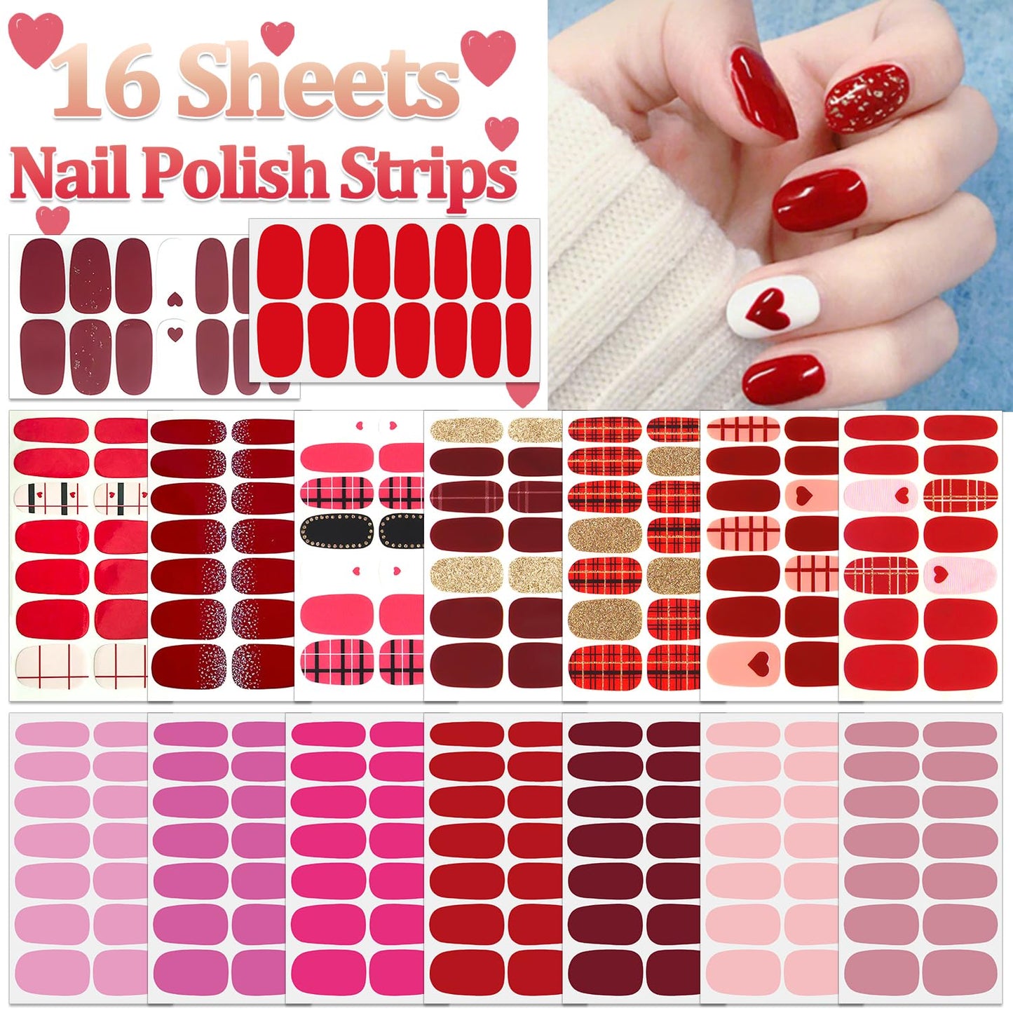 SILPECWEE 16 Sheets Nail Polish Strips Red Plaid Solid Color Nail Wraps for Women Self Adhesive Nail Polish Stickers Gel Nail Strips Fingernail Manicure Sticker Nail Art