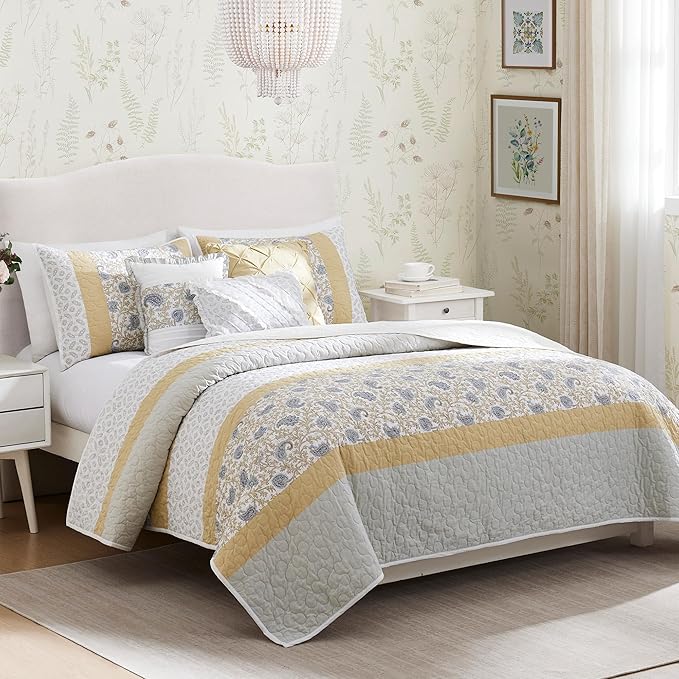 Madison Park 100% Cotton Quilt Set Floral Print, Double Sided Stitching, All Season, Lightweight Coverlet Shabby Chic Bedding Layer, Matching Shams, King/Cal King, Yellow 6 Piece