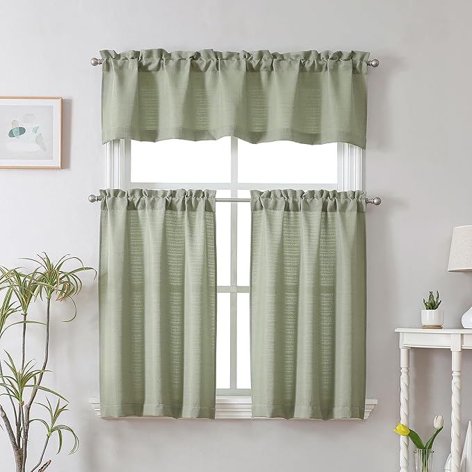 Chyhomenyc Bennet 2 Panels Light Green Kitchen Curtains Tier 24 Inch Length, Faux Linen Textured Small Cafe Curtains, Light Filtering Short Window Curtains for Bathroom Basement, 30x24 Inch