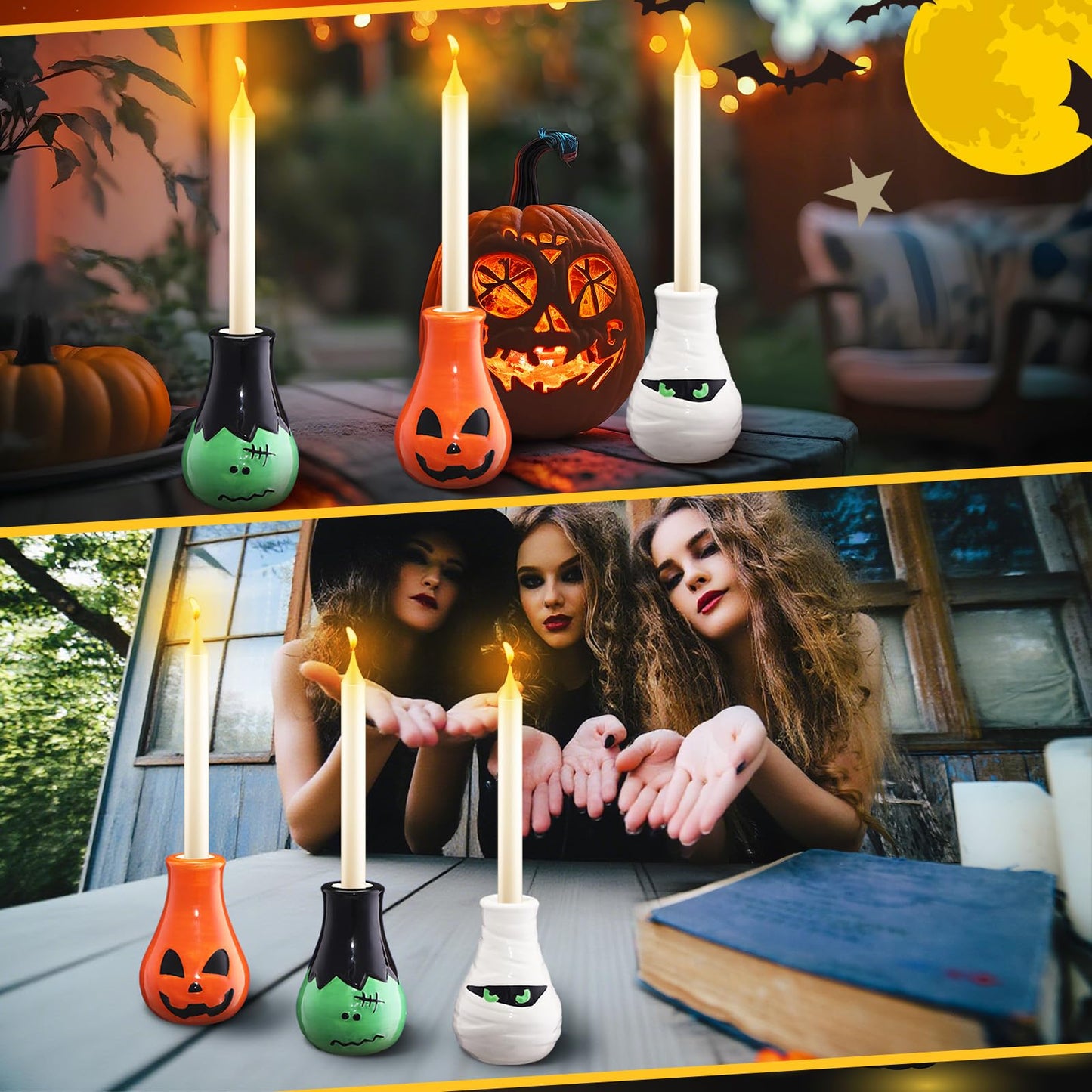 LemonRoad 3 Pcs Fun Halloween Candlestick Holders Pumpkin Wine Glass Candle Stick Holders Ceramic Taper Candle Holder for Halloween Party Holiday Office Home Decor Gift