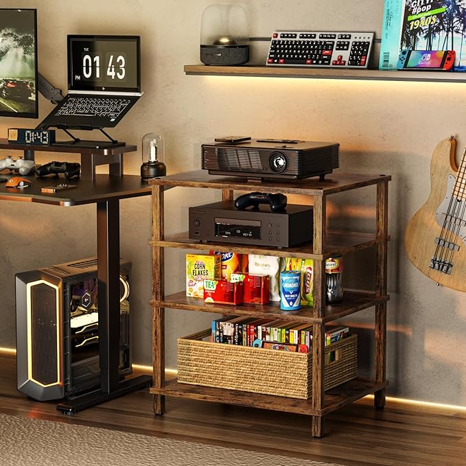 LELELINKY 4-Tier AV Media Player Stand Set of 2, Brown Stereo Cabinet, Wooden TV Stand,Game Console Shelf, Multifunctional Entertainment Center, Suitable for Home, Conference Room, Game Studio