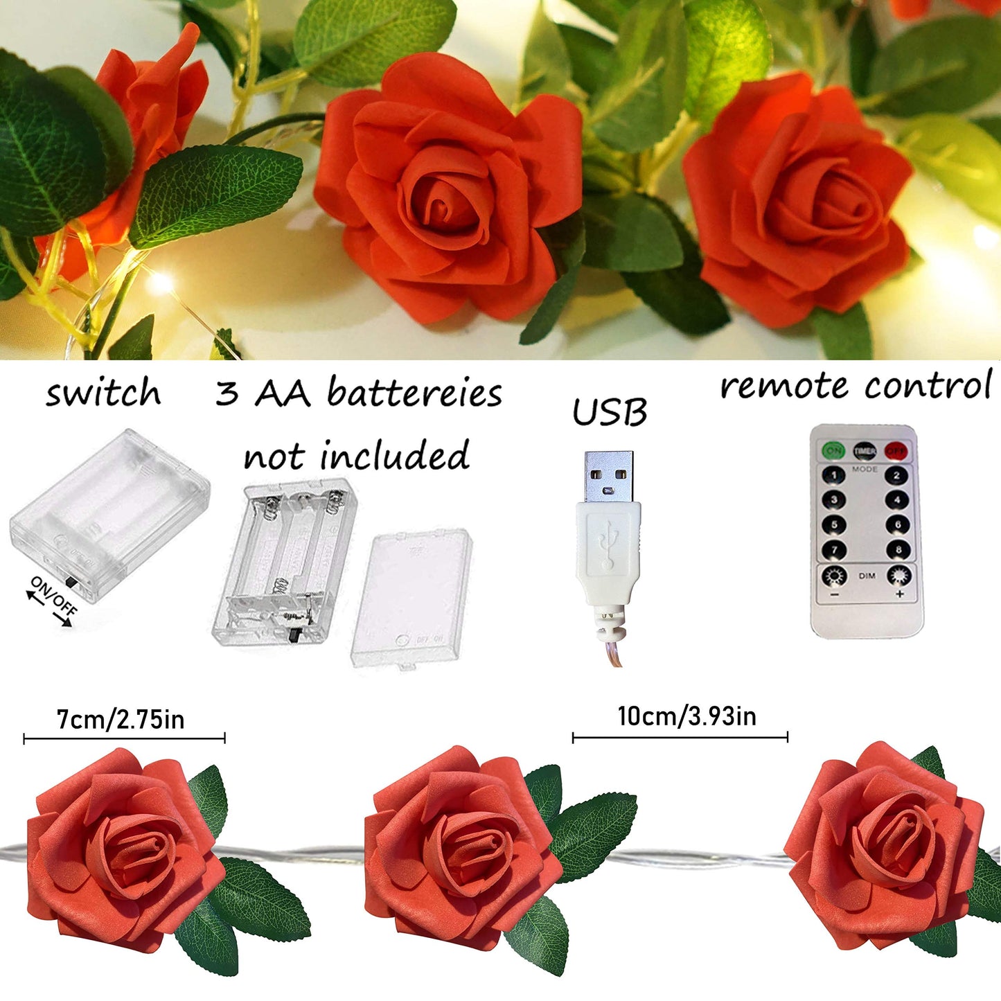 NiniTe LIGHTS Rose Vine Lights with Remote, Battery or USB Operated Artificial Flower Garland, Hanging Fairy Lights for Bedroom Headboard, Valentine‘s Day, Wedding, Romantic Party Décor (Red, 9.9)