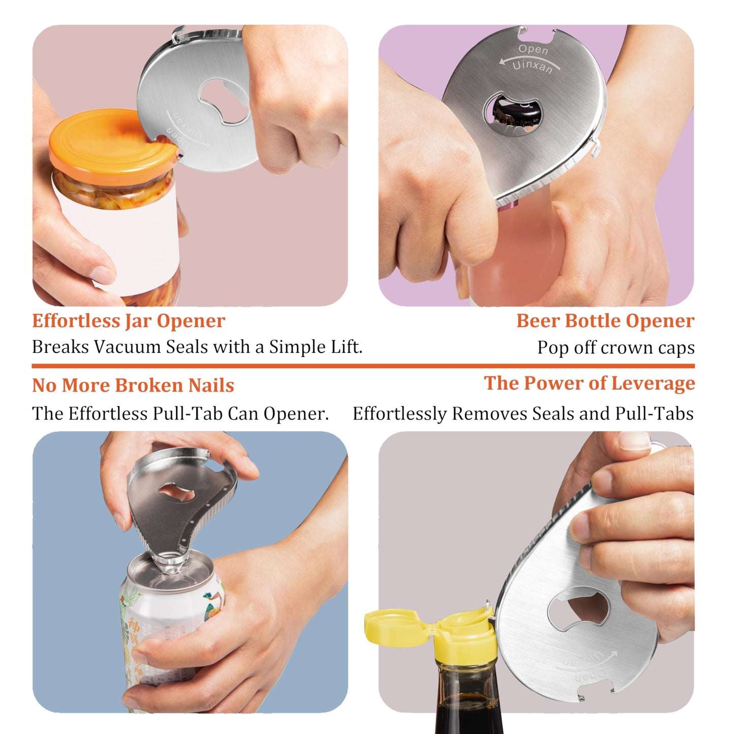 Uinxan Jar Bottle Can Opener for Seniors Arthritis Weak Hands-Easy Twist Off Small Caps (0.6"-2.7"), Pop Top & Pull Tab Seals,Patent Unique Portable Multifunction Gadget for Elderly/Women/Men (Silver)