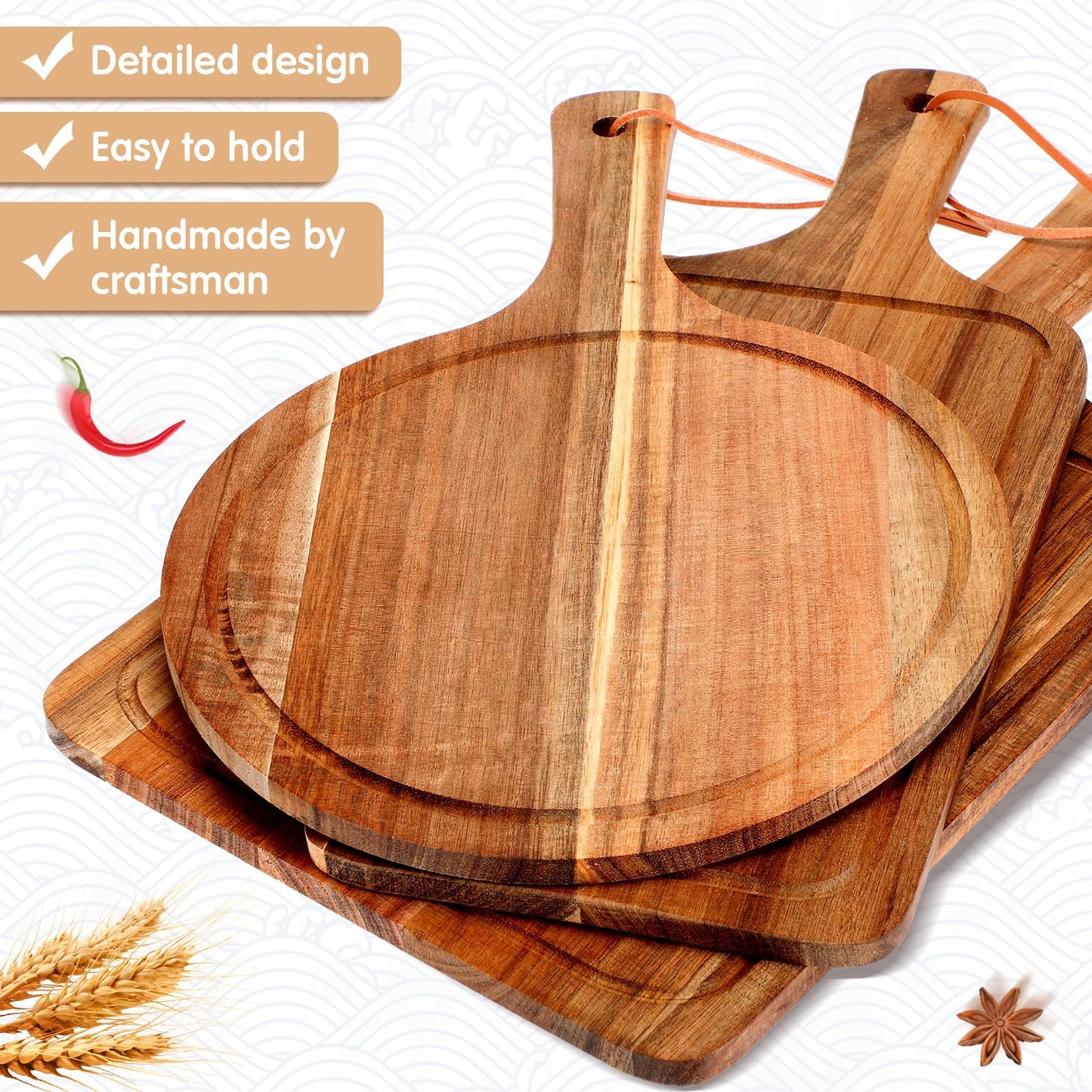 Kathfly 3 Pcs Mother's Day Acacia Wood Cutting Board Set with Handle Summer Wooden Charcuterie Cheese Board Hawaii Chopping Serving Tray Butter Pizza Serving Tray for Holiday Kitchen Gift, 3 Style