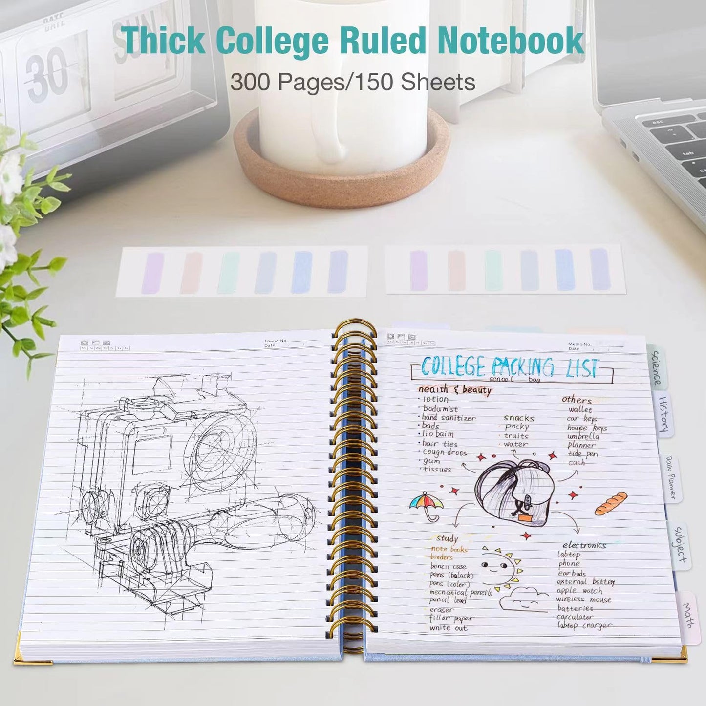 Spiral Notebook, College Ruled Notebook, 8.5" x 11", 300 Pages Leather Journals for Writing, A4 Hardcover Journaling Notebooks for Work School, 24pcs Tabs, Large Embossed Journal for Women Men, Teal