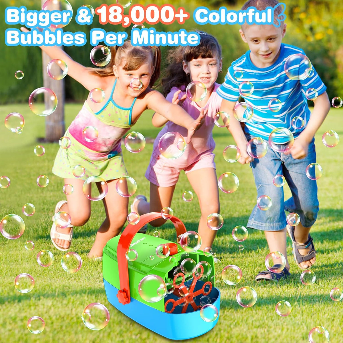 Bubble Machine Durable Automatic Bubble Blower, 18000+ Big Bubbles Per Minute Bubbles for Kids Toddlers Bubble Maker Operated by Plugin or Batteries Bubble Toys for Indoor Outdoor Birthday Party