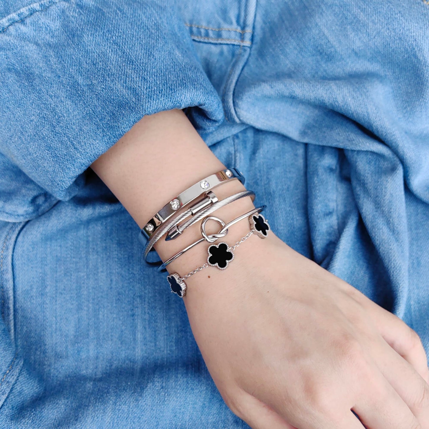 MAOCEN Womens 4Pcs Stackable Floral Gold Bracelets Stainless Steel Bangle Bracelets Non Tarnish Silver Set Trendy Jewelry Gifts for Womens (Silver Black, 7")