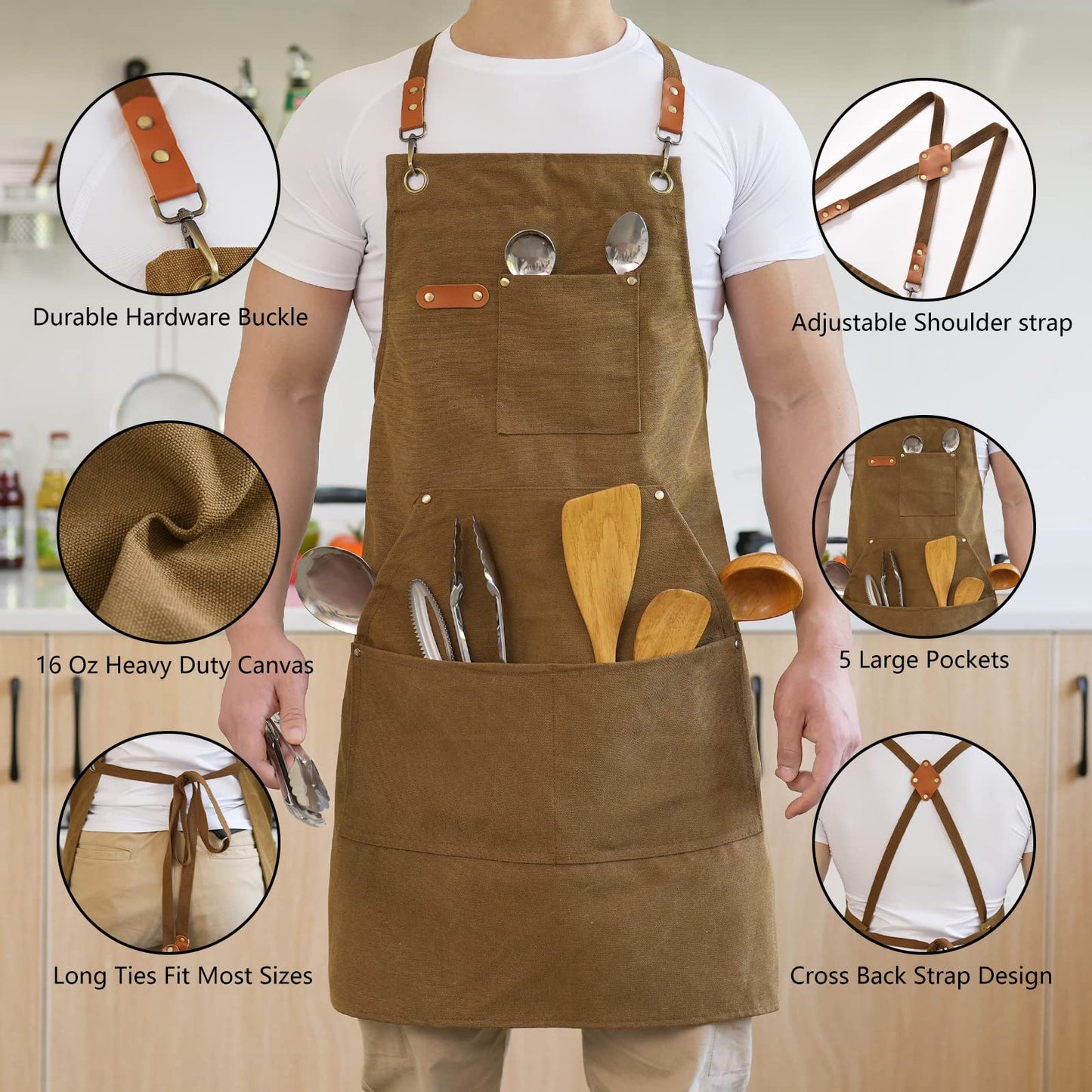 Aoomzoon Canvas Aprons for Men Chef Apron, Work Apron with Large Pockets - Durable 16oz Heavy Duty Cross Back, BBQ, Cooking (Brown, 1 Pack)