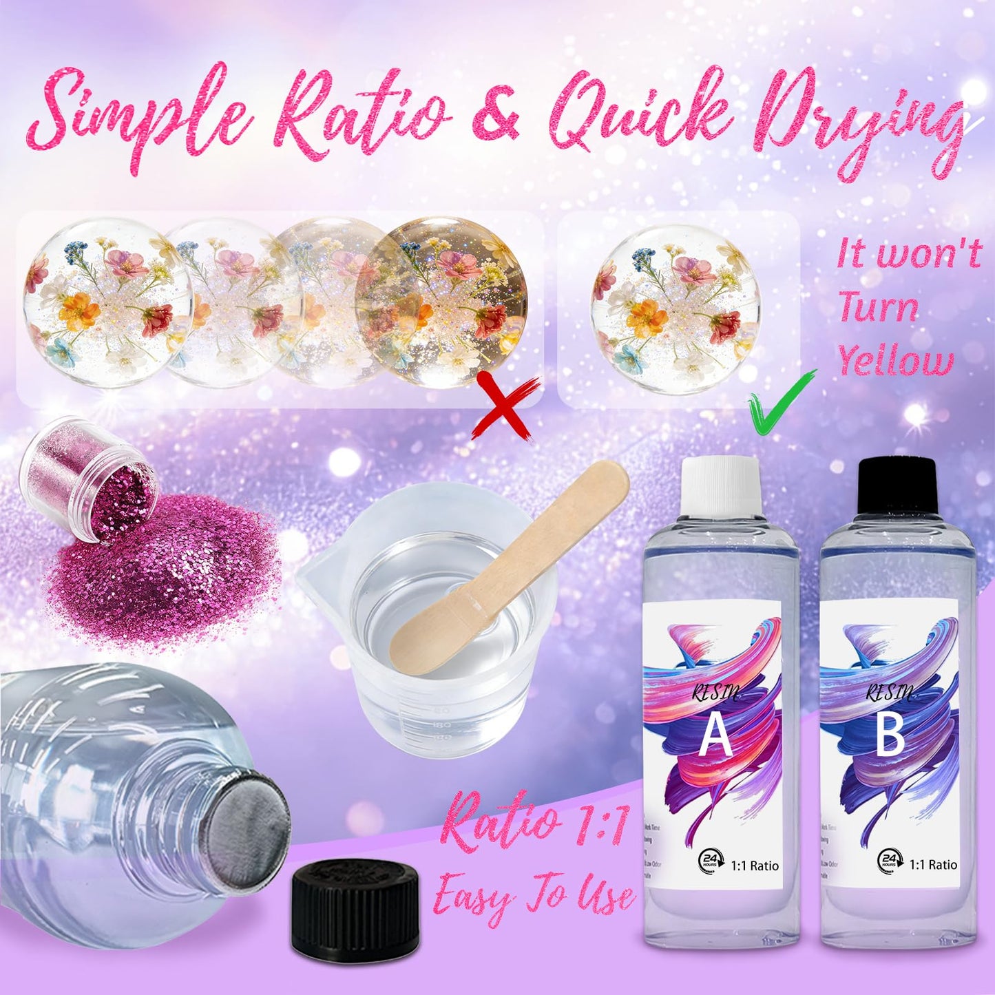 RNYBFPT Epoxy Resin Kit for Beginners, 18oz Crystal Clear Resin with Silicone Molds, Easy 1:1 Mix, All-in-One Resin Art Kit with Pigments & Glitter for Jewelry Making, DIY Crafts & Creative Gifts