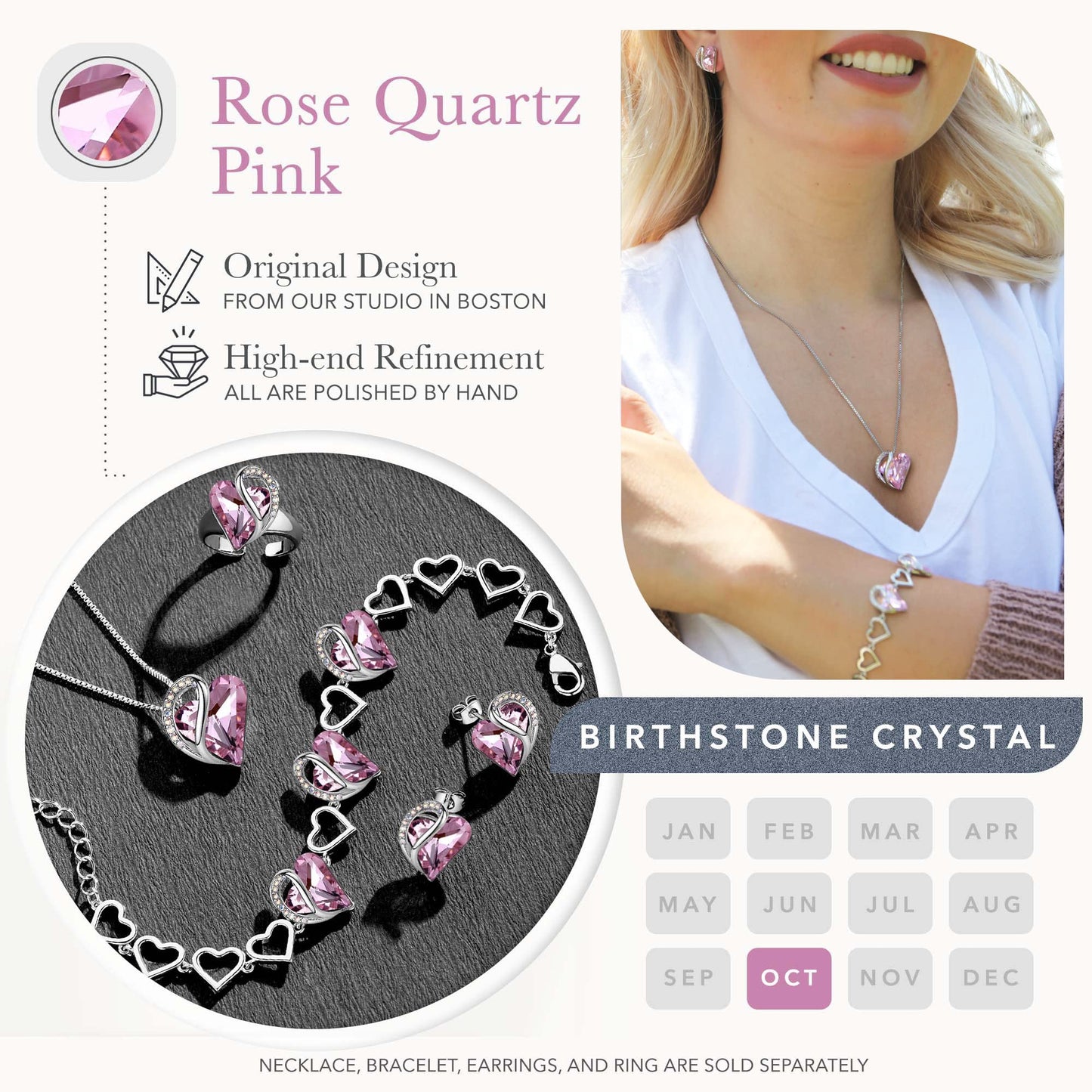 Leafael Mothers Day Gifts Infinity Love Heart Bracelet for Women, October Birthstone Crystal, Rose Quartz Pink, Silver Tone Adjustable Chain