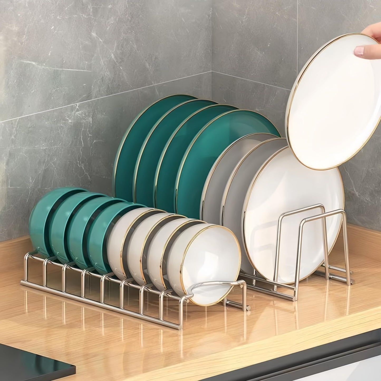 SHUTKMVCW Dish Rack Plates Holder 2 Pack set, Plate organizer for cabinet space saver, Pan lid organizer, Kitchen Storage Cabinet Organizer for Plates/bowls/cups/lids/cutting boards/spatulas